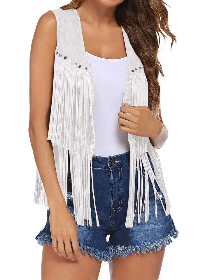Boho sleeveless fringe vest for women, open front design, perfect for a relaxed yet trendy look.