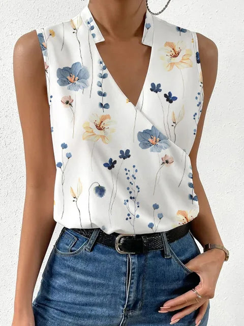 Relaxed fit women's sleeveless V-neck wrap top, a stylish and versatile casual top for ladies.