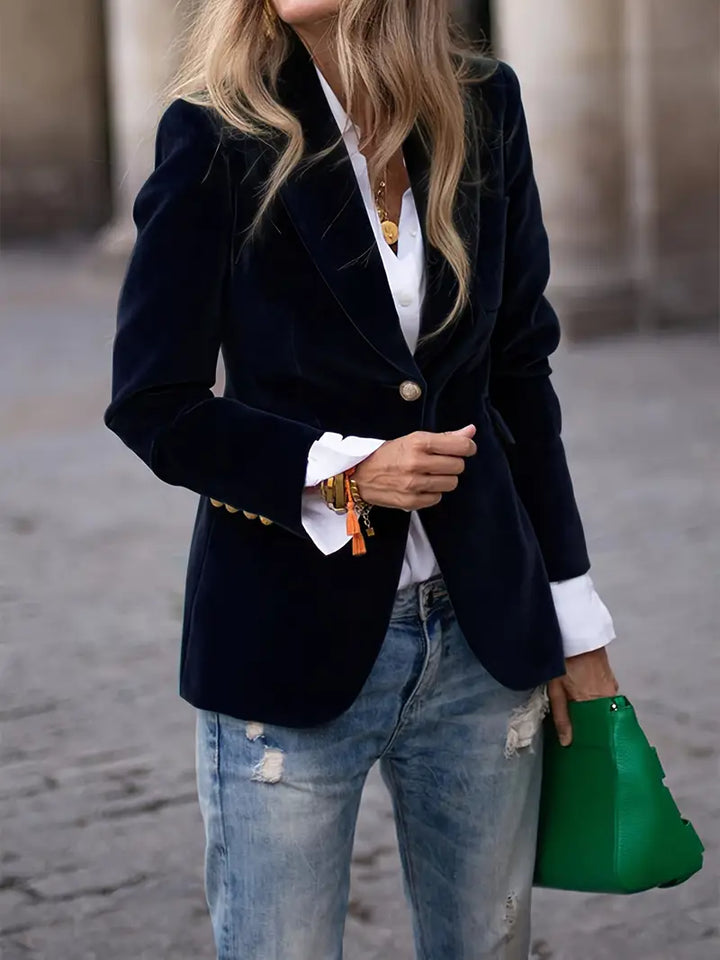 Women's slim fit blazer with gold buttons & elegant peak lapel, perfect for formal events.