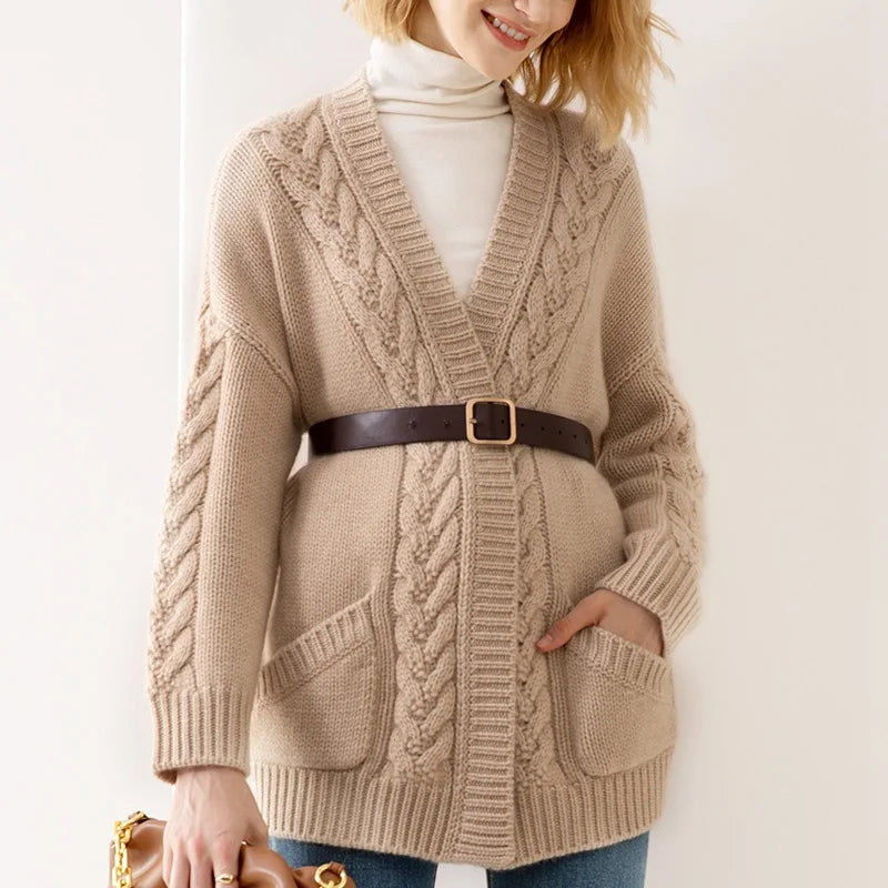 Women's soft cashmere blend knit open cardigan in a neutral color, perfect for elegant autumn layering.