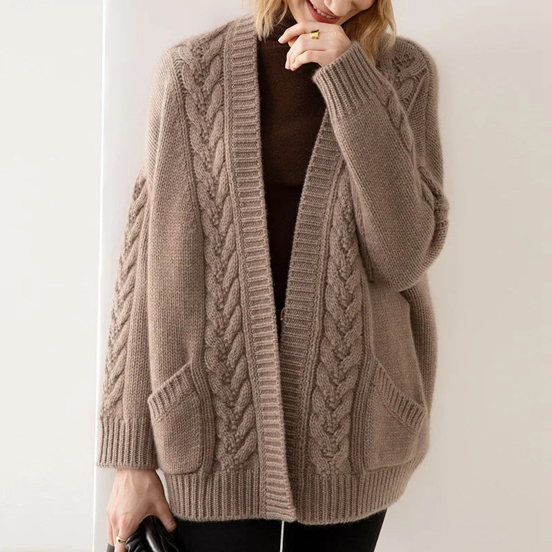 Full shot of a model wearing a women's cashmere blend open-front cardigan, ideal for versatile layering.