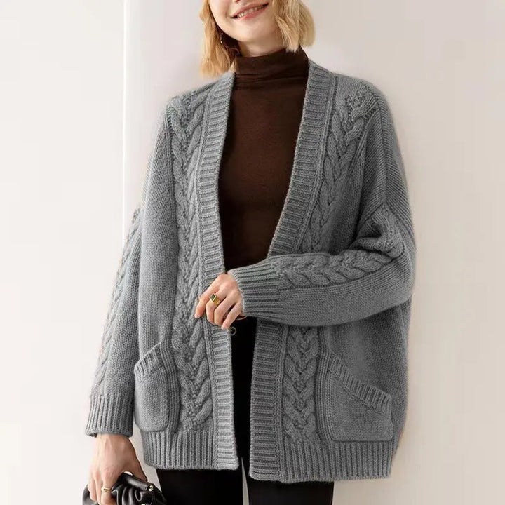 Stylish women's cashmere blend knit cardigan, an essential and elegant sweater for cool weather.