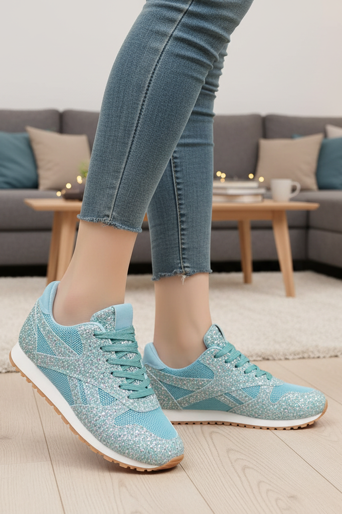 Women's sparkling glitter sneakers in action, perfect party shoes for dancing & stylish fun.