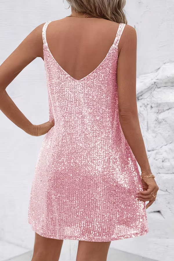 Sleeveless V-neck mini sequin dress for women. Sparkling and festive, great for cocktail parties and events.