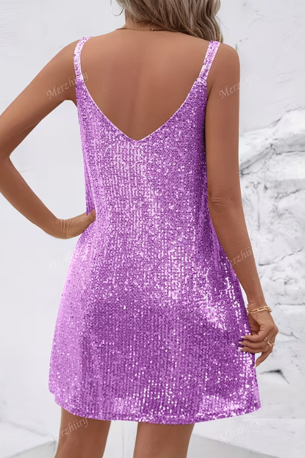Formal women's sequined V-neck mini dress. Glamorous cocktail party wear for special occasions.