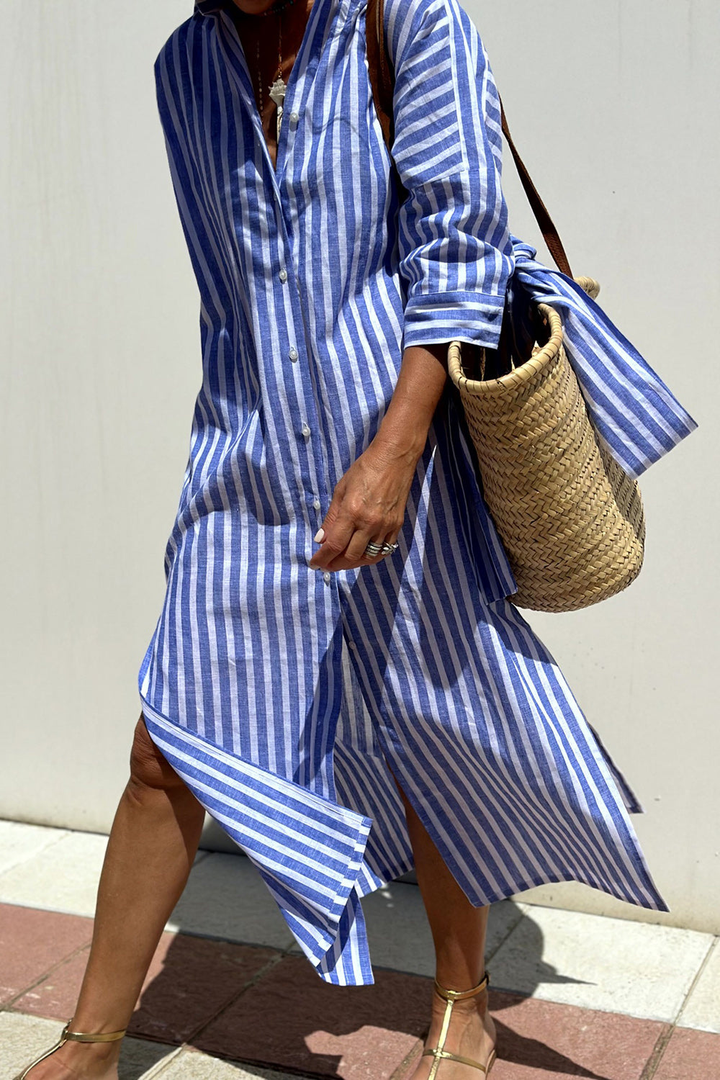 Chic women's striped midi dress, collared & button-down. Perfect casual summer style day dress.