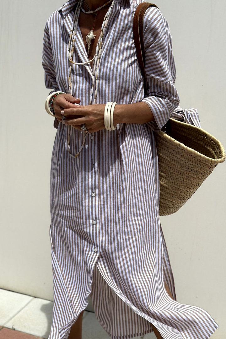Effortlessly stylish women's striped midi dress, collared button-down for casual summer elegance.