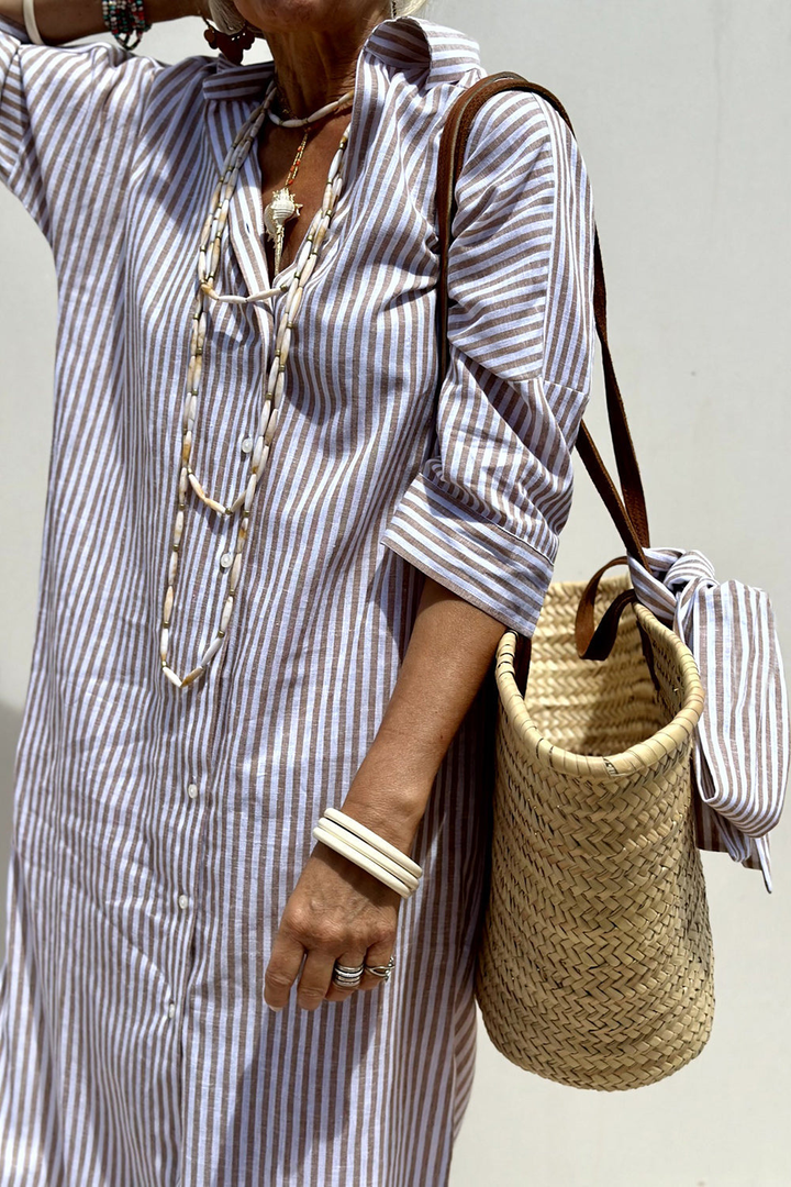 Lightweight women's striped midi day dress with button-down front & collar, ideal for summer style.