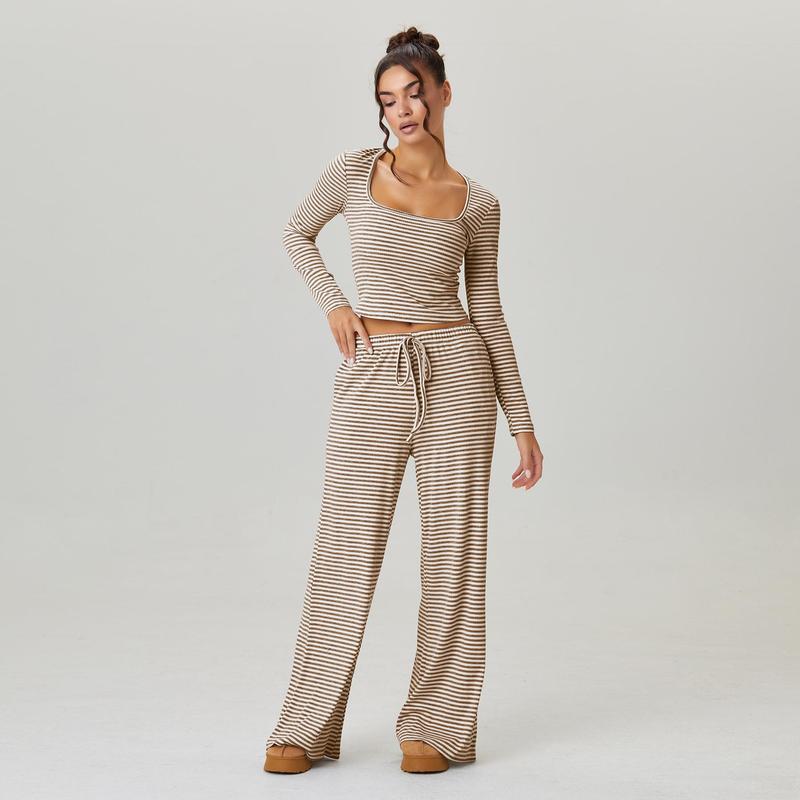 Comfortable women's striped jersey lounge set with a chic square neck and relaxed wide-leg design.