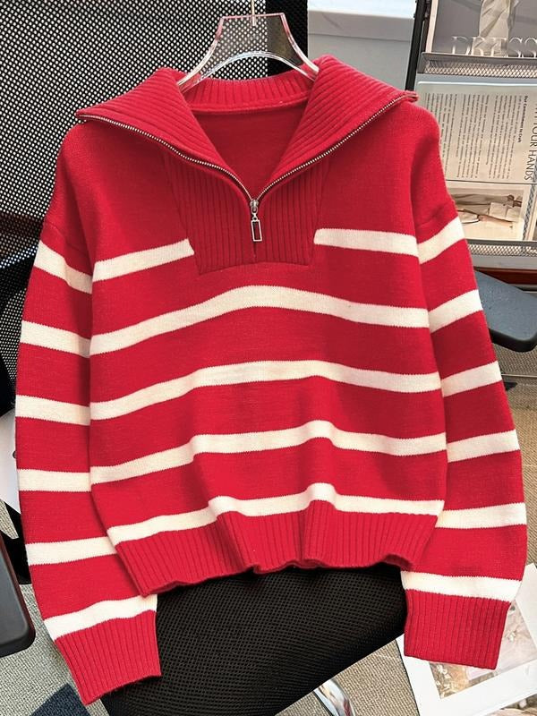 Back view of a women's striped knit half-zip sweater, soft cotton blend for comfort