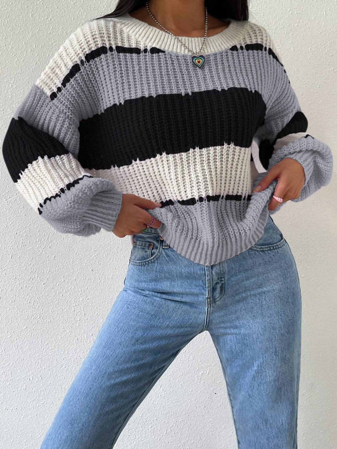 Fashionable long-sleeve striped knit pullover, a must-have for cold weather