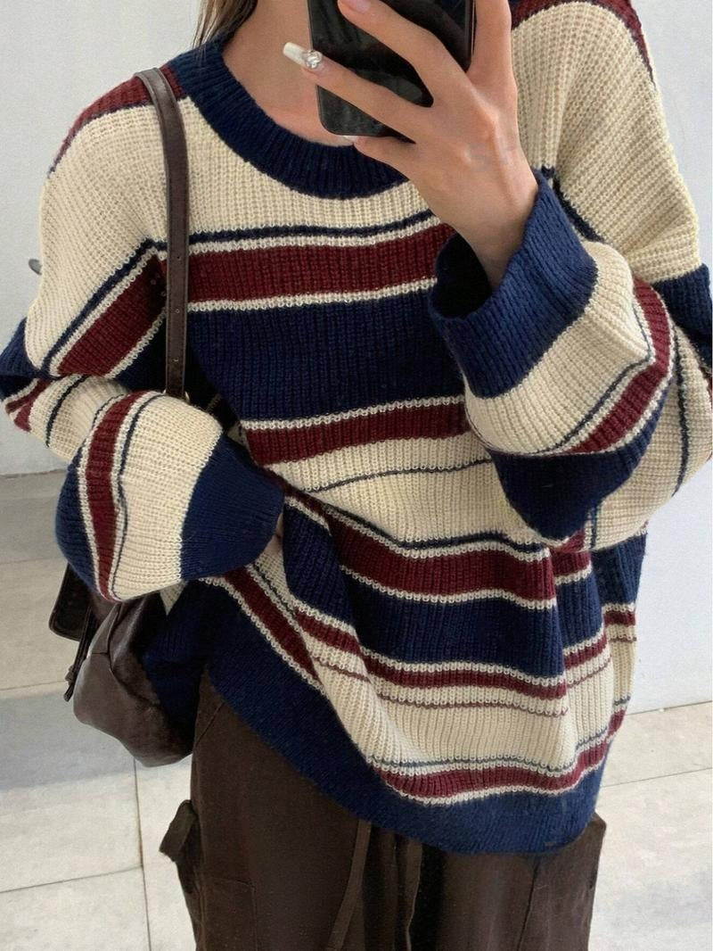 Women's striped knit wool blend relaxed sweater with drop shoulders, perfect for casual chic fall fashion