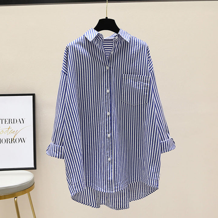 Women's striped oversized button down longline shirt, relaxed fit, perfect for casual spring/summer style.