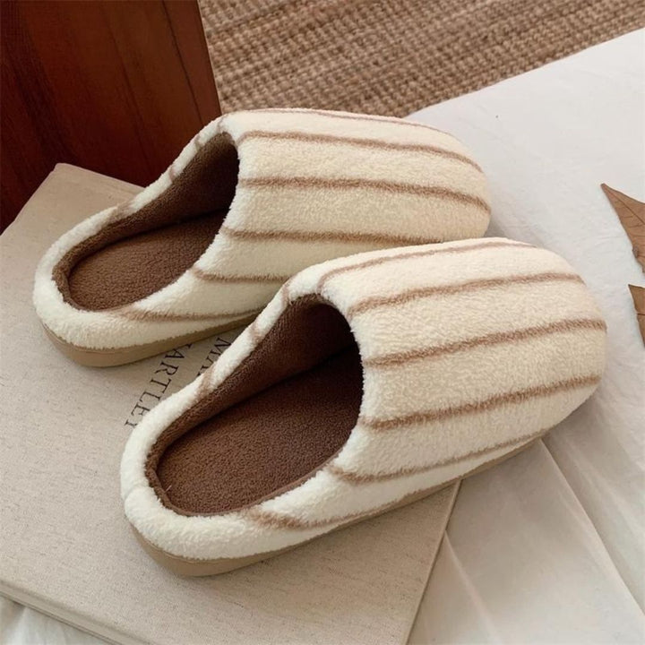 Striped women's plush fleece slippers, ideal indoor shoes for warmth and loungewear
