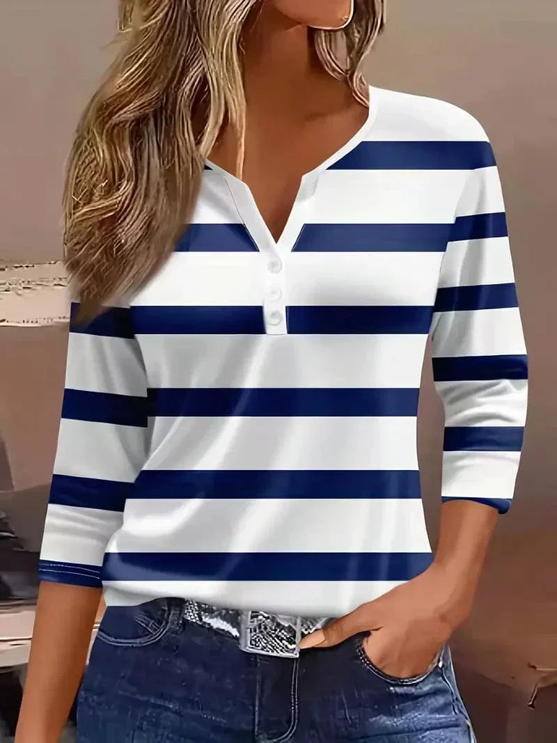 Comfy women's striped v-neck top with three-quarter sleeves, an effortless fashion blouse for daily wear.