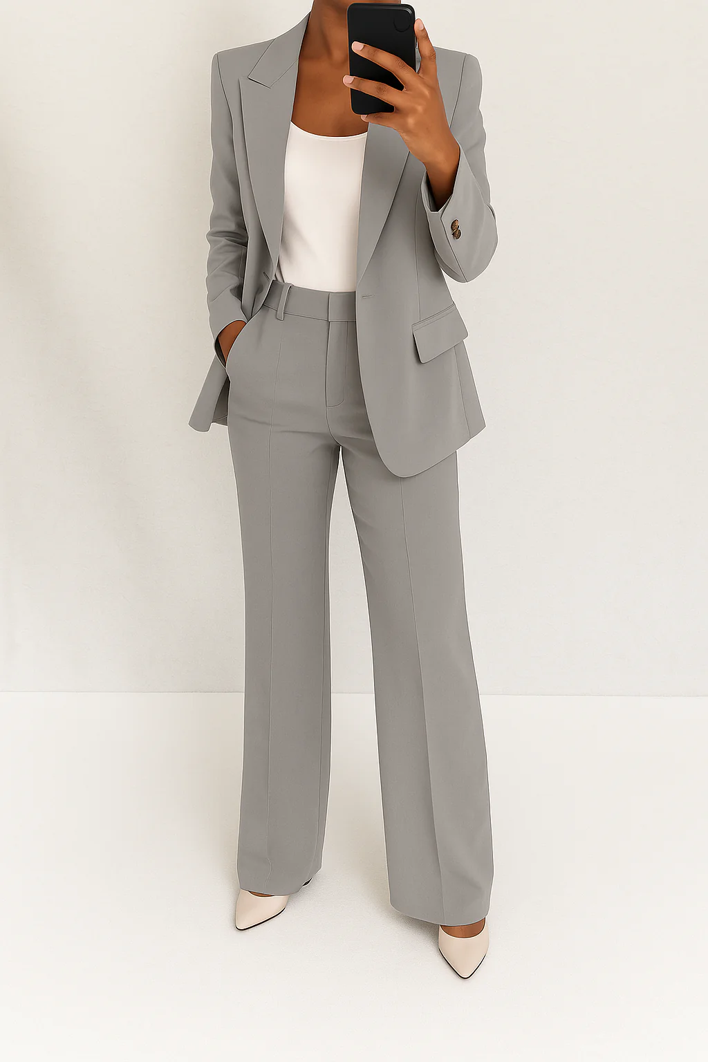 Elegant women's two-piece structured power suit set, perfect for formal & business fashion.