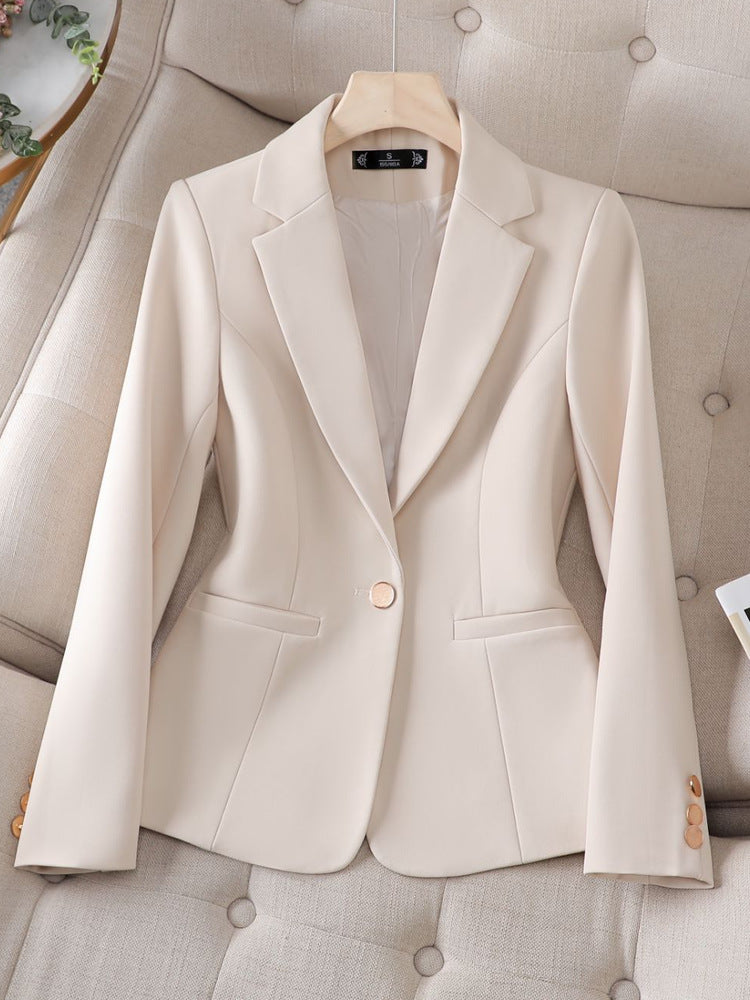 Women's structured tailored blazer jacket in a chic professional style with a single button closure.