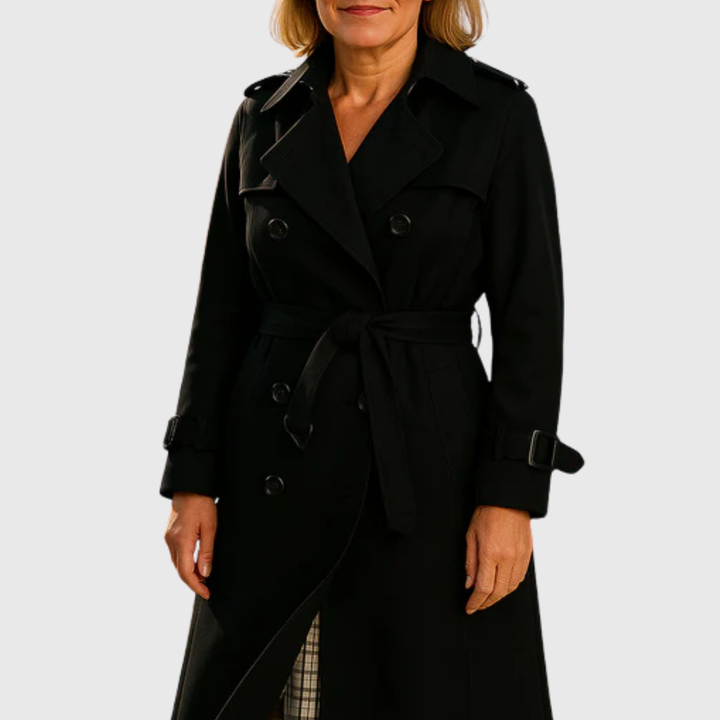 Women's double-breasted trench coat, elegant and water-resistant, a stylish addition to outerwear.