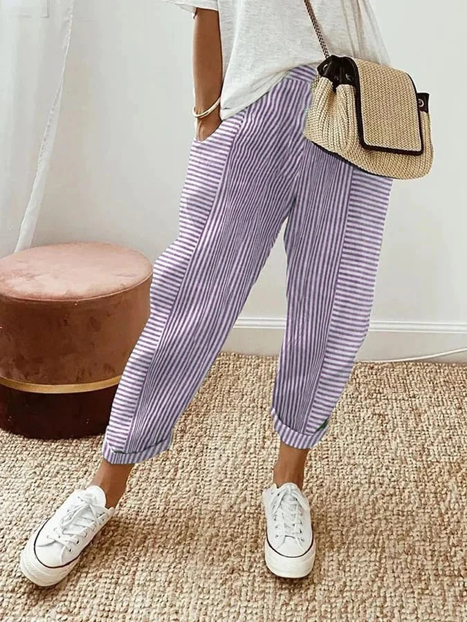 Women's soft cropped striped pants, designed with a flattering straight leg and useful pockets.
