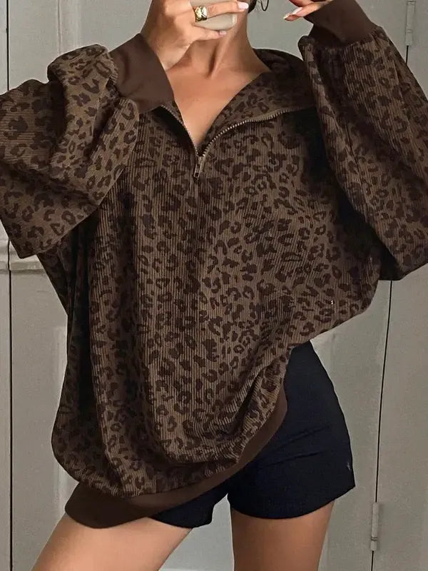 Women's stylish leopard print half-zip sweater, relaxed fit for fall fashion