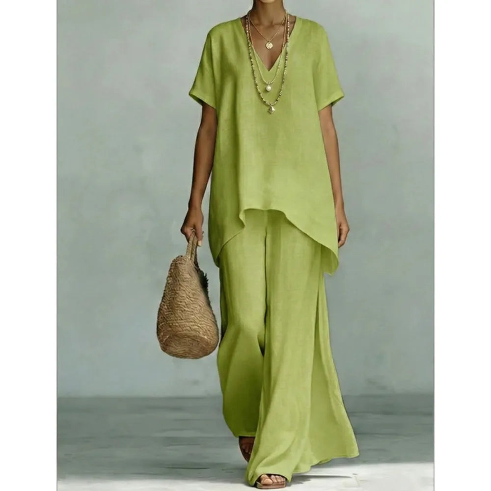 Breathable women's linen blend two piece set with a relaxed top & wide-leg pants, great for casual resort outfits.