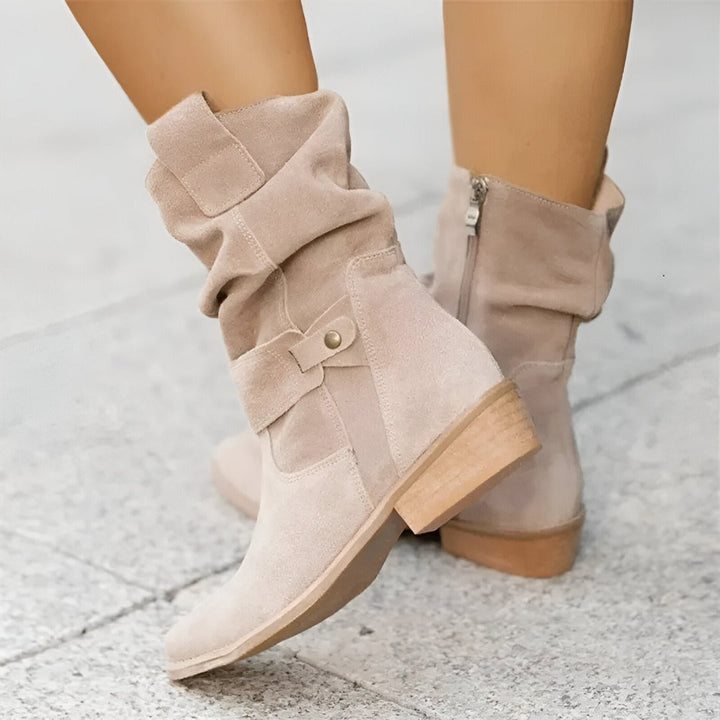Women's stylish ruched ankle boots with side zip for comfort & fall fashion.