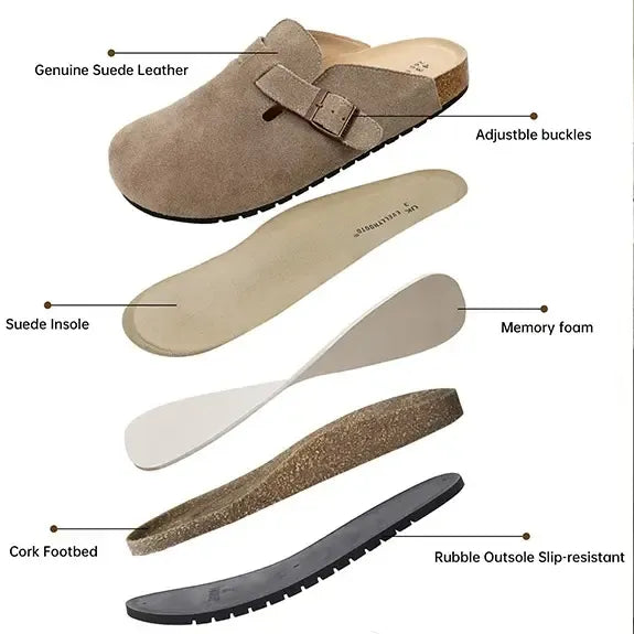 Women's suede comfort clogs with adjustable strap, ideal for casual wear