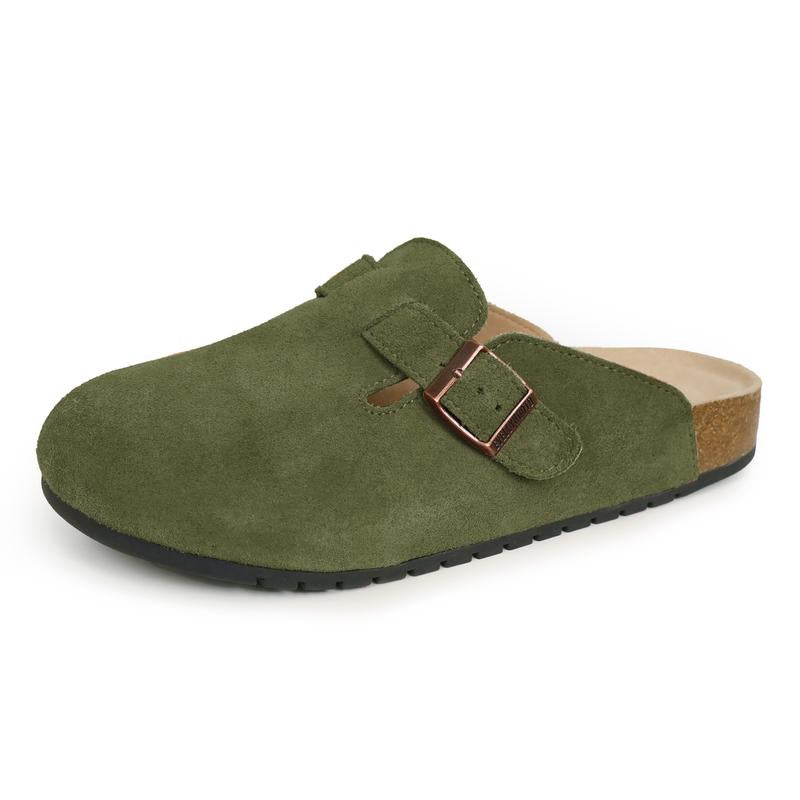 Side view of women's suede clogs, showcasing the ergonomic cork footbed