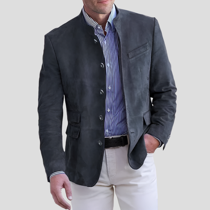 Stylish gray women's mid-season jacket with a tailored fit & stand collar. Versatile button-up outerwear for women.
