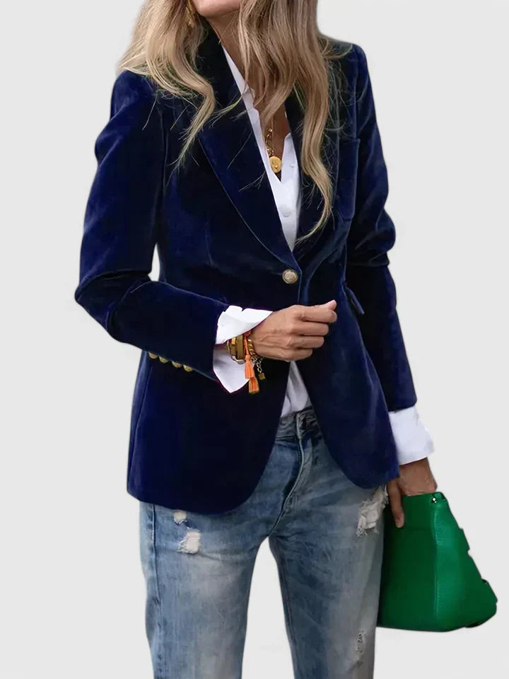 Chic women's tailored blazer, single-breasted design, featuring prominent gold button detailing. Ideal for evening wear.