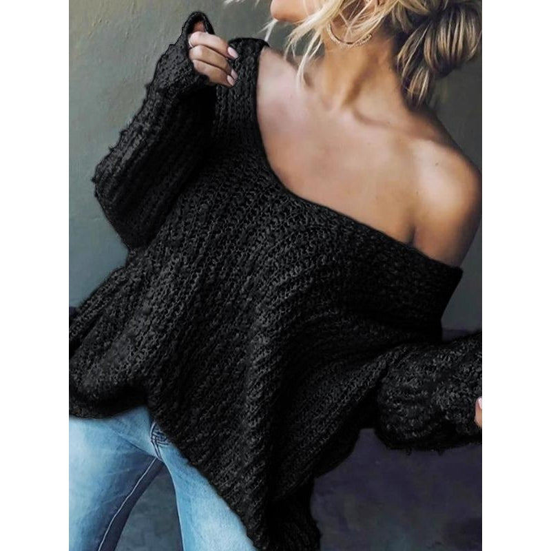 Stylish women's V-neck sweater, textured knit, suitable for everyday casual wear in cooler weather.