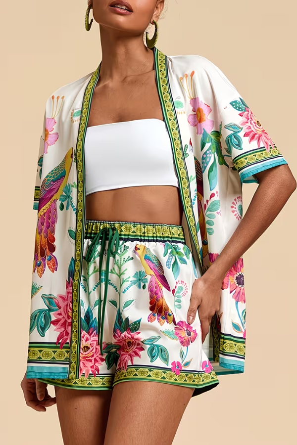 Casual chic women's tropical two-piece shorts set. Comfortable summer outfit for vacation & beachwear.
