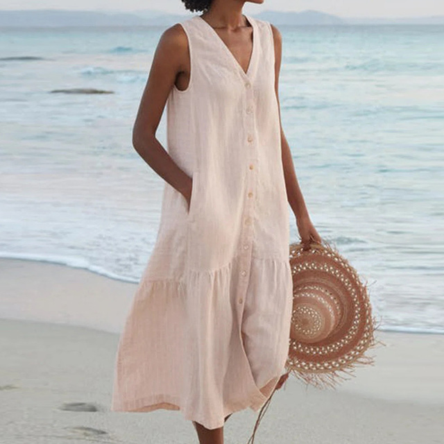 Women's V-neck button front midi dress with ruffle hem, perfect for casual summer wear.