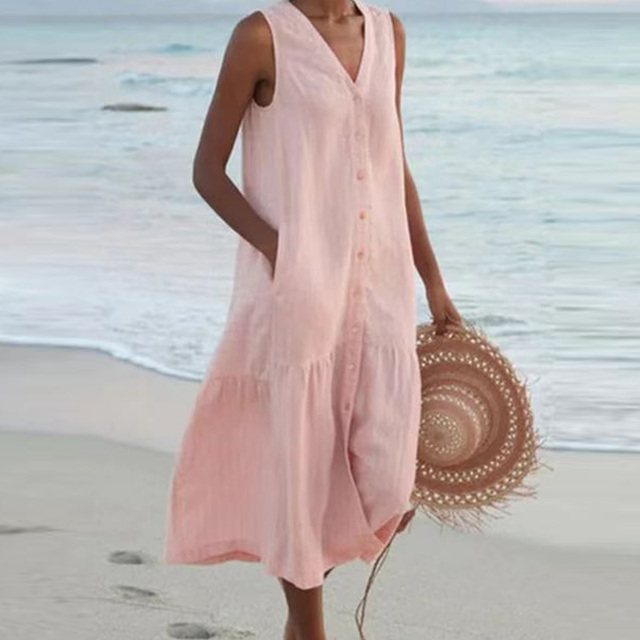 Relaxed fit casual midi dress, women's button-front V-neck with a stylish ruffle hem.
