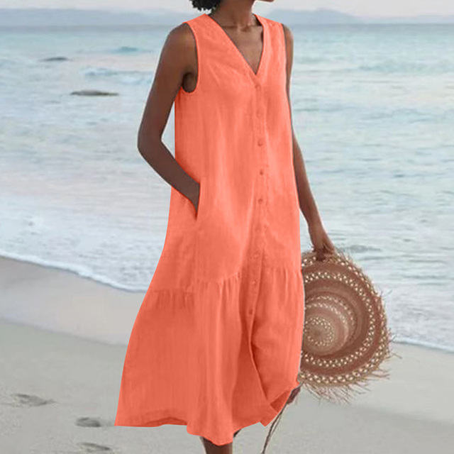 Women's sleeveless midi dress, V-neck button front & ruffle hem; ideal for beach & casual outings.