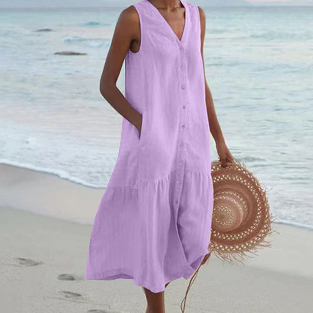 Women's casual V-neck button-front midi dress, a summer essential with a stylish ruffle hem.
