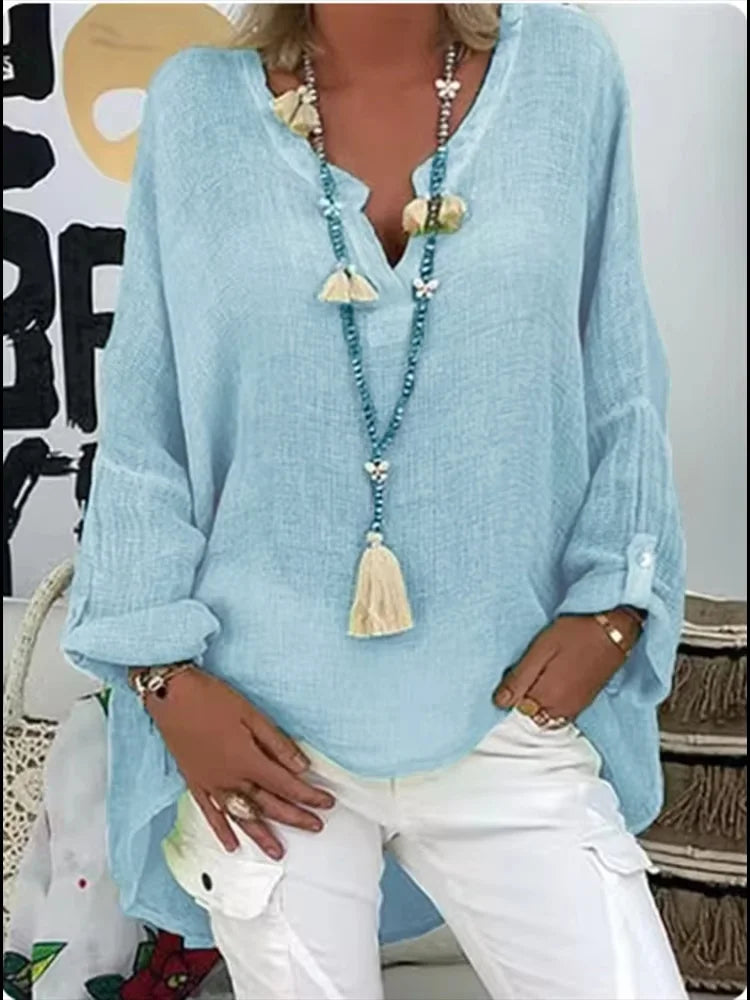 Women's V-neck long sleeve blouse, relaxed fit, perfect for casual everyday wear.