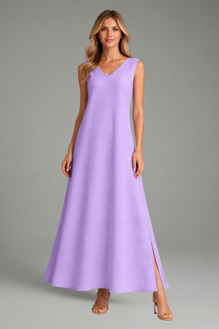Flowy women's V-neck maxi dress, comfortable and breathable for beach or casual wear.