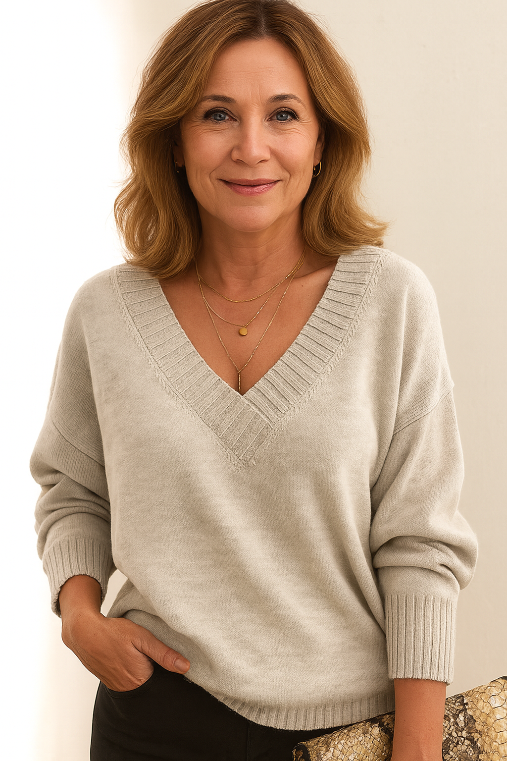 Chic fall winter women's V-neck sweater. Ribbed knit, long sleeve, perfect casual top.