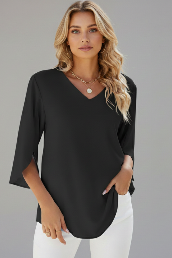 Versatile women's V-neck short sleeve blouse, a stylish casual top for relaxed everyday outfits.