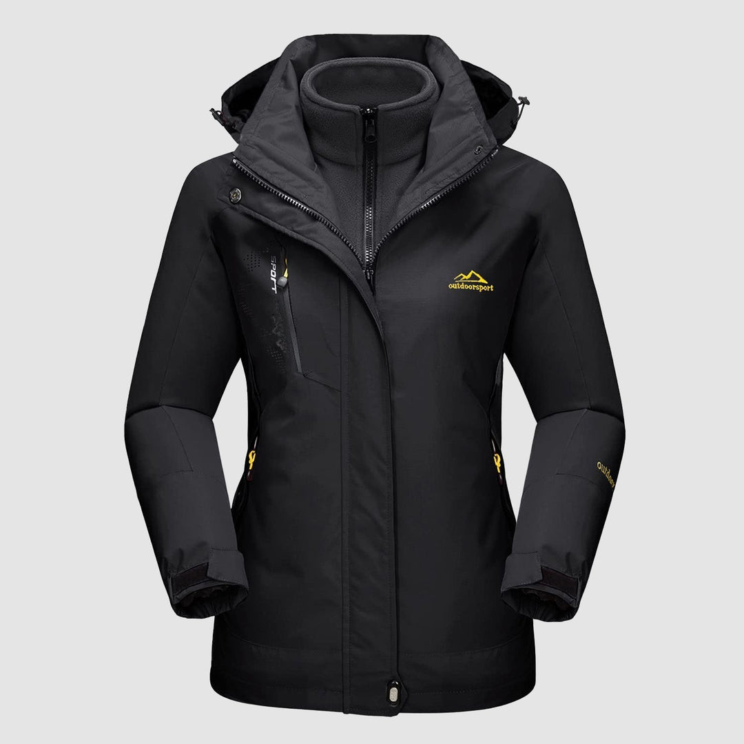 Close-up of the waterproof fabric texture of the Verona 3-in-1 women's jacket in a vibrant red.