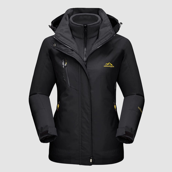 Close-up of the waterproof fabric texture of the Verona 3-in-1 women's jacket in a vibrant red.