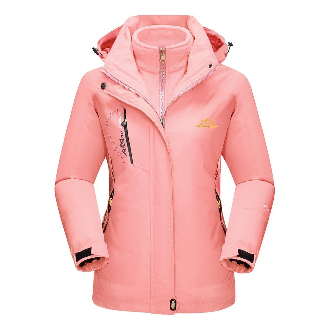 Detail of the adjustable hood on the Verona women's 3-in-1 waterproof jacket, suitable for all weather.