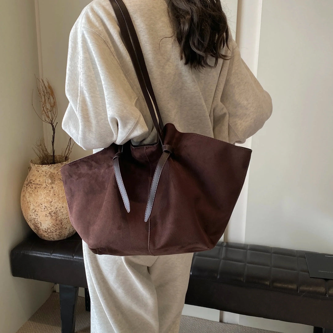 Women's vintage faux suede tote handbag, shoulder bag, rich brown color, classic style everyday bag