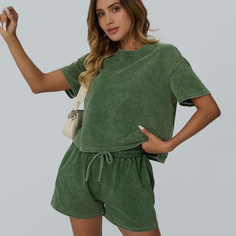 Women's washed cotton comfort lounge set, light blue two-piece for casual wear