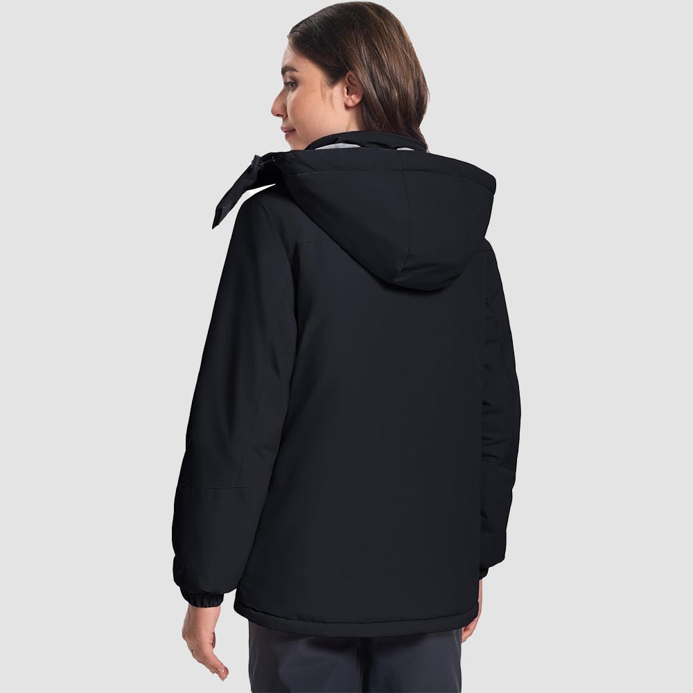 Back view of women's warm ski jacket, emphasizing fit and design for winter activities