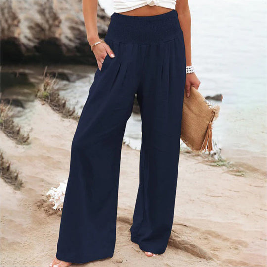 Chic wide leg summer pants for women, flowy design, high waist, offering ultimate comfort & a casual look.