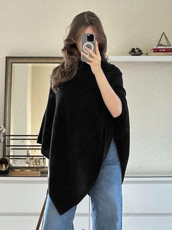 Women's wool-blend asymmetric knit poncho in dark grey, perfect for elegant winter layering
