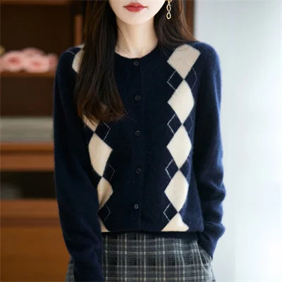Women's button front wool knit cardigan, detailed diamond stitch pattern. A must-have warm winter top.