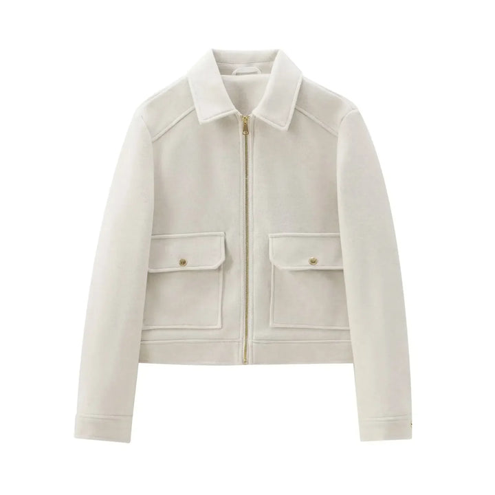 Fashion-forward women's wool bomber jacket with ribbed cuffs and hem, a winter wardrobe essential